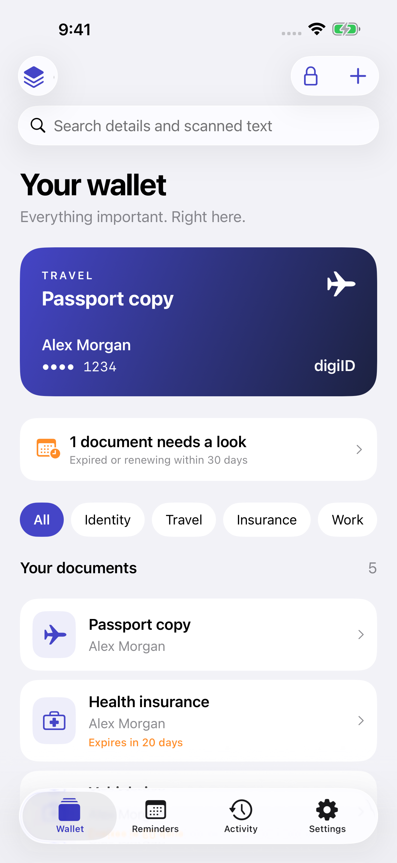 The digiID 2.0 document wallet with search and fictional sample documents
