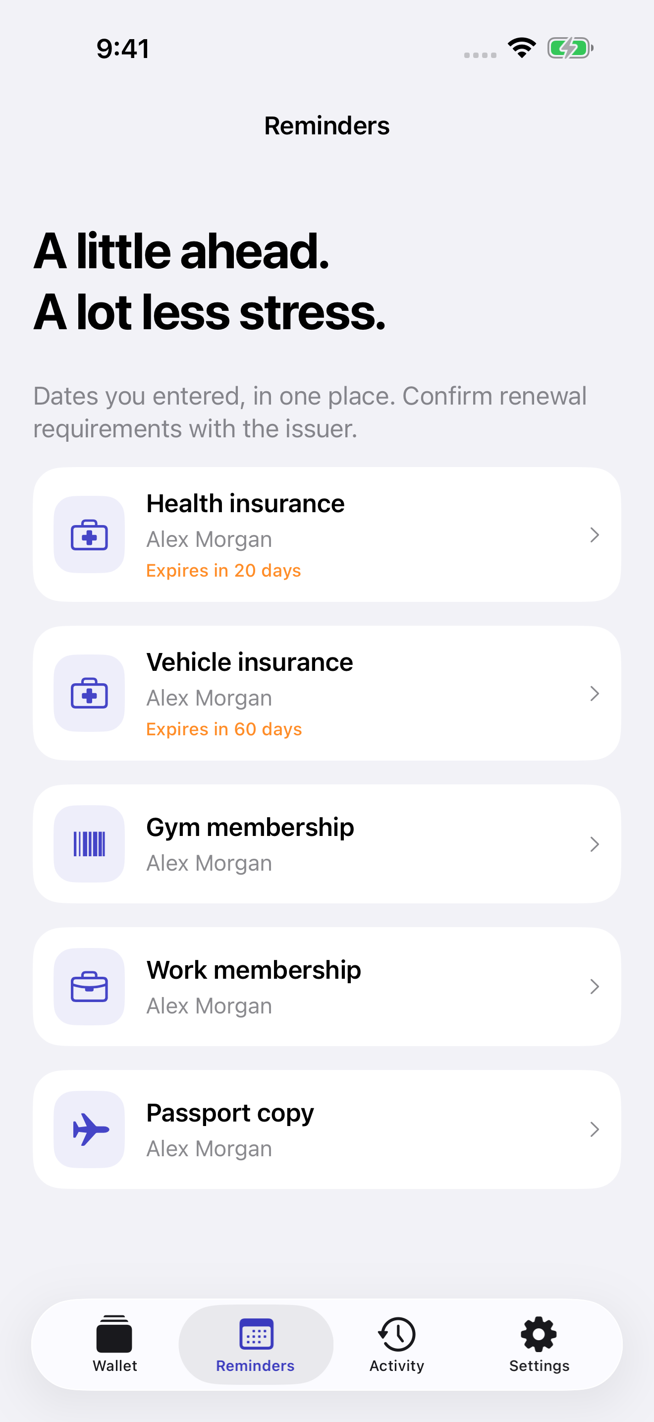 digiID Reminders showing fictional health and vehicle insurance documents expiring in 20 and 60 days